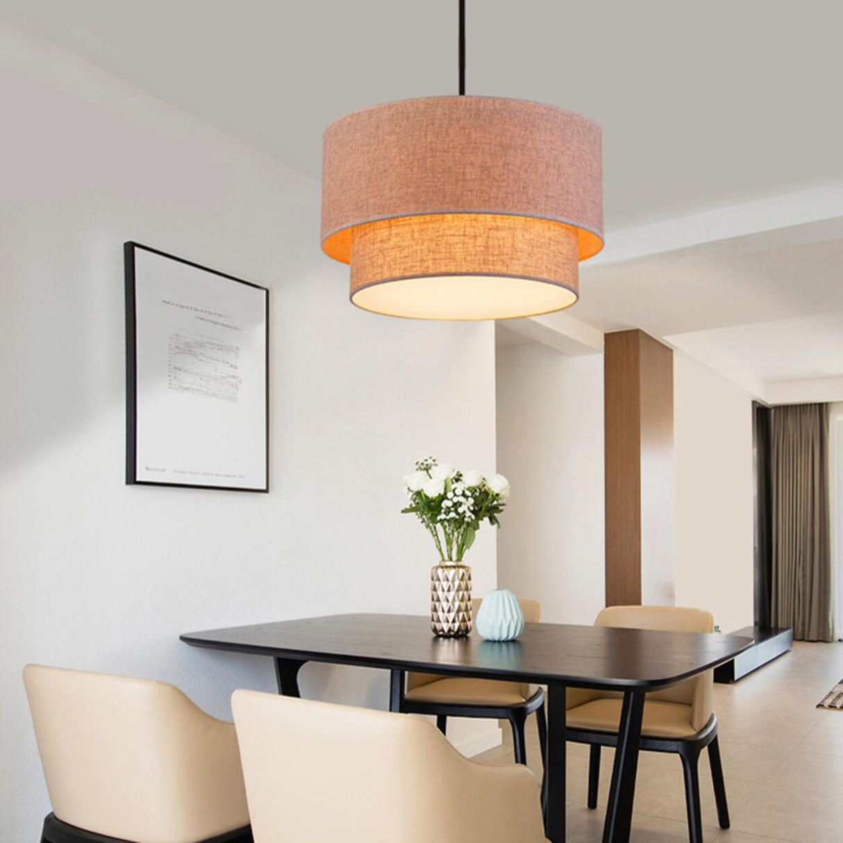 Modern 2 Tiers Fabric Drum Pendant Light Image - 6