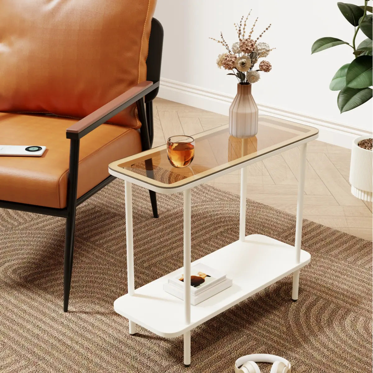 Modern 2 Tiers Metal Base Rectangle Glass Side Table Image - 1