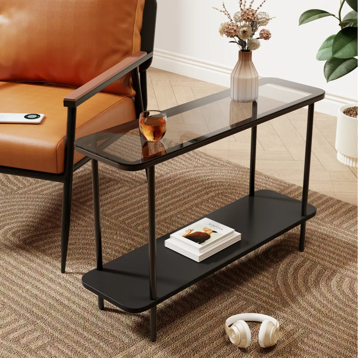 Modern 2 Tiers Metal Base Rectangle Glass Side Table Image - 2