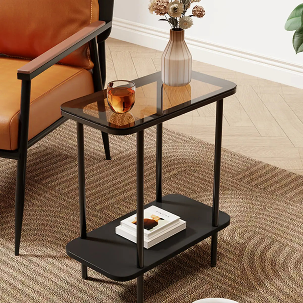 Modern 2 Tiers Metal Base Rectangle Glass Side Table Image - 6