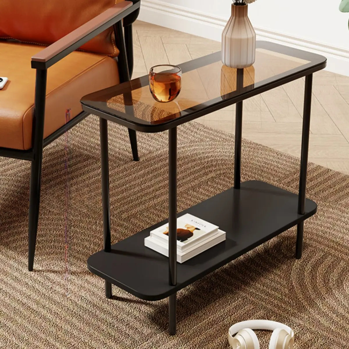 Modern 2 Tiers Metal Base Rectangle Glass Side Table Image - 8