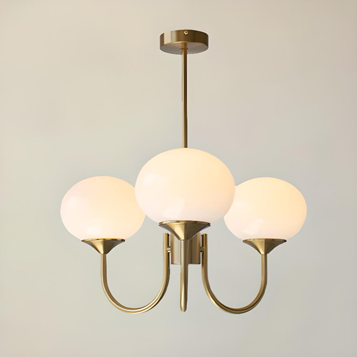 Modern 3-Light Brass Chandelier White Glass Globes Image - 2