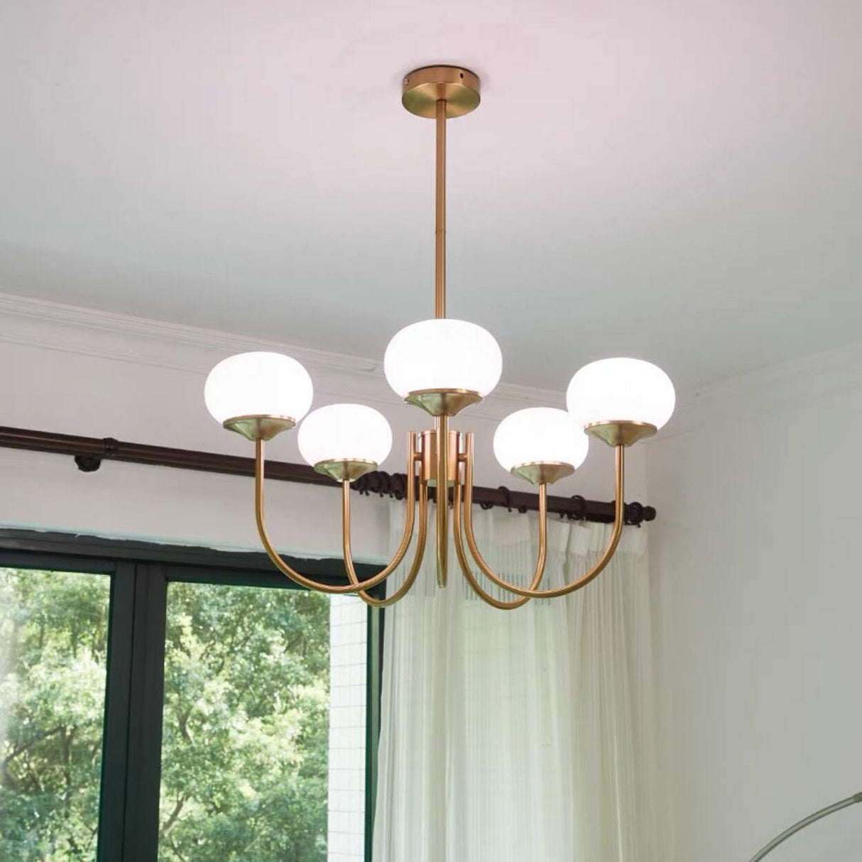 Modern 3-Light Brass Chandelier White Glass Globes Image - 5