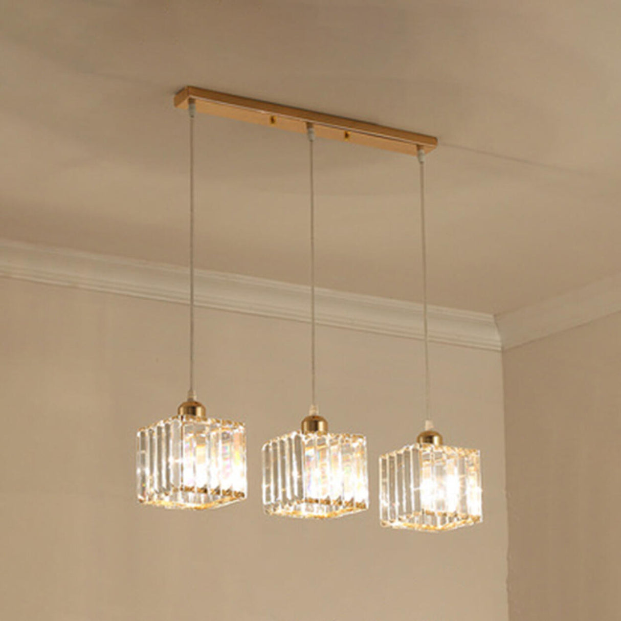 Modern 3-Light Crystal Gold Cube Island Ceiling Light Image - 5