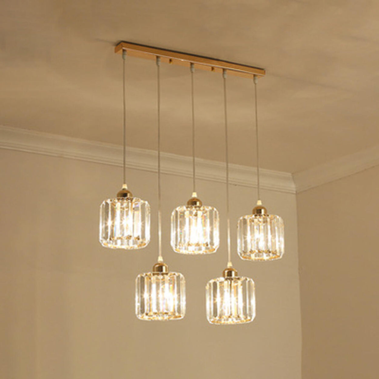 Modern 3-Light Crystal Gold Cube Island Ceiling Light Image - 8