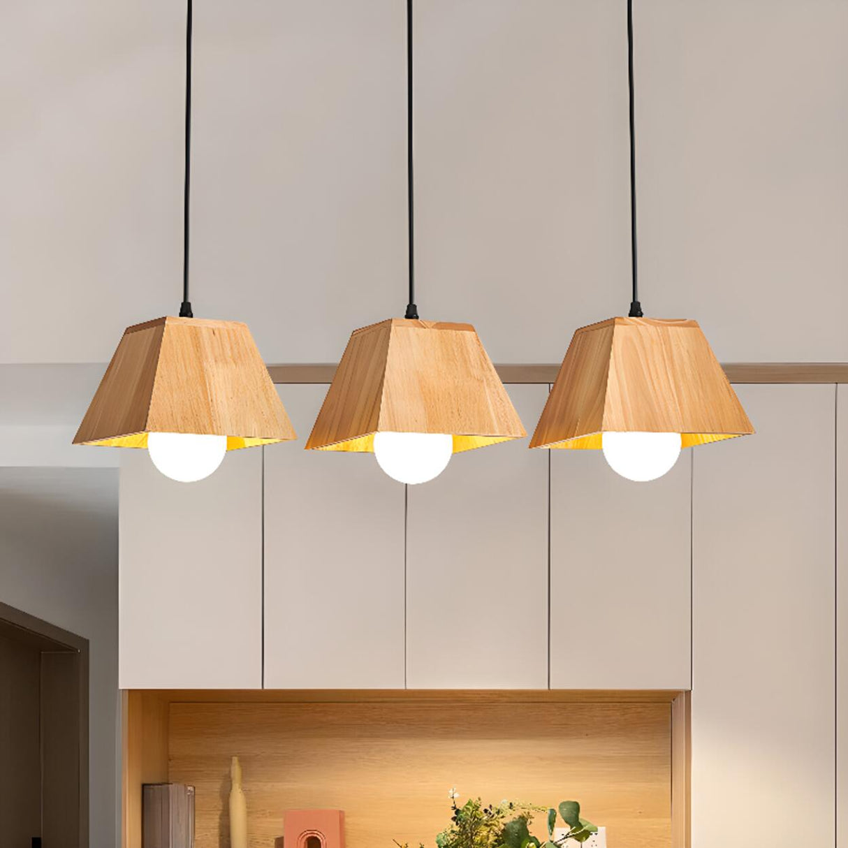 Modern 3-Light Geometric Wooden Island Pendant Lights Image - 4