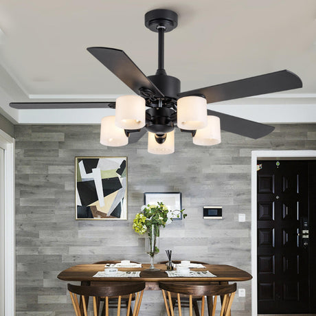 Modern 5 Blade Barrel Shade Chandelier Fan with Light Image - 1