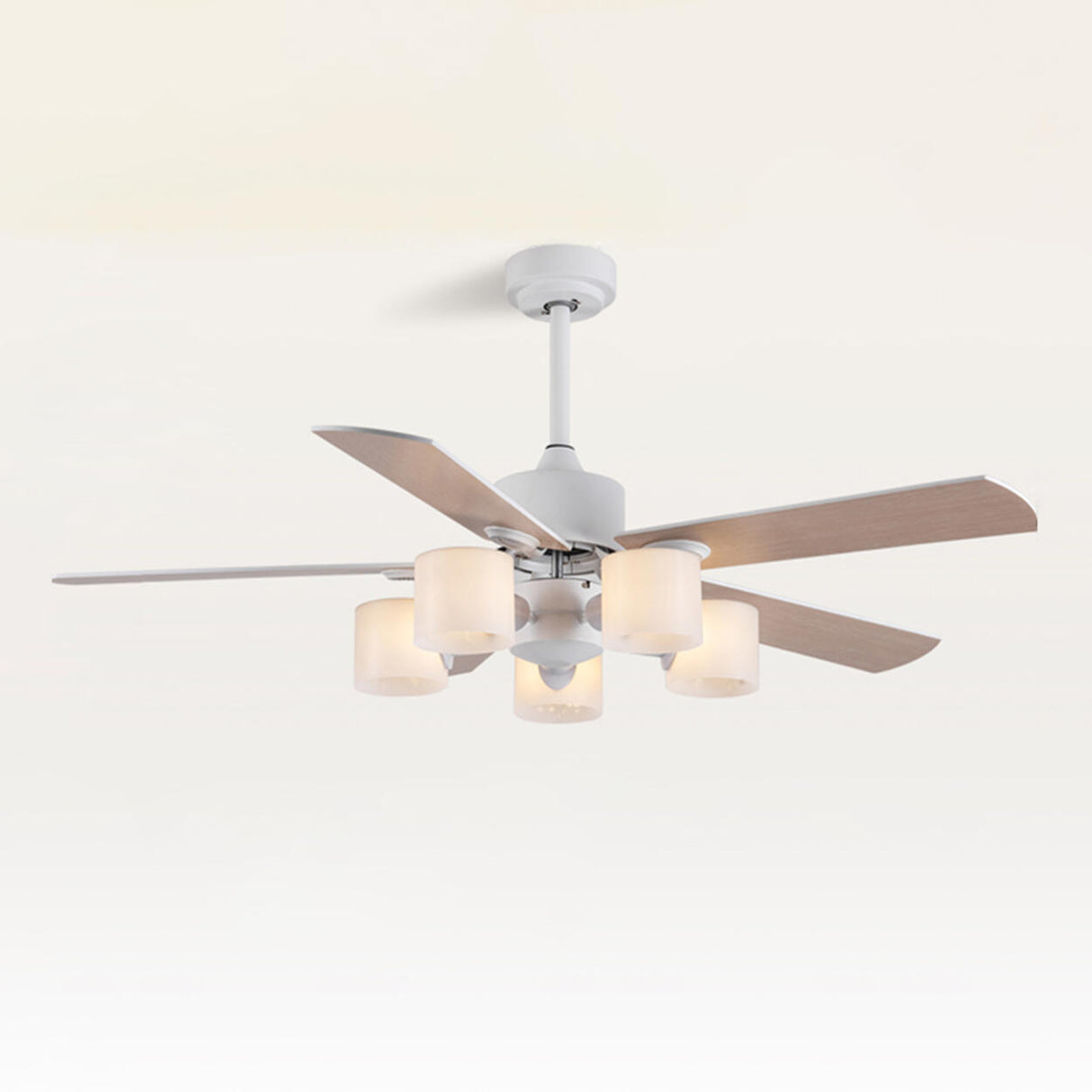 Modern 5 Blade Barrel Shade Chandelier Fan with Light Image - 11