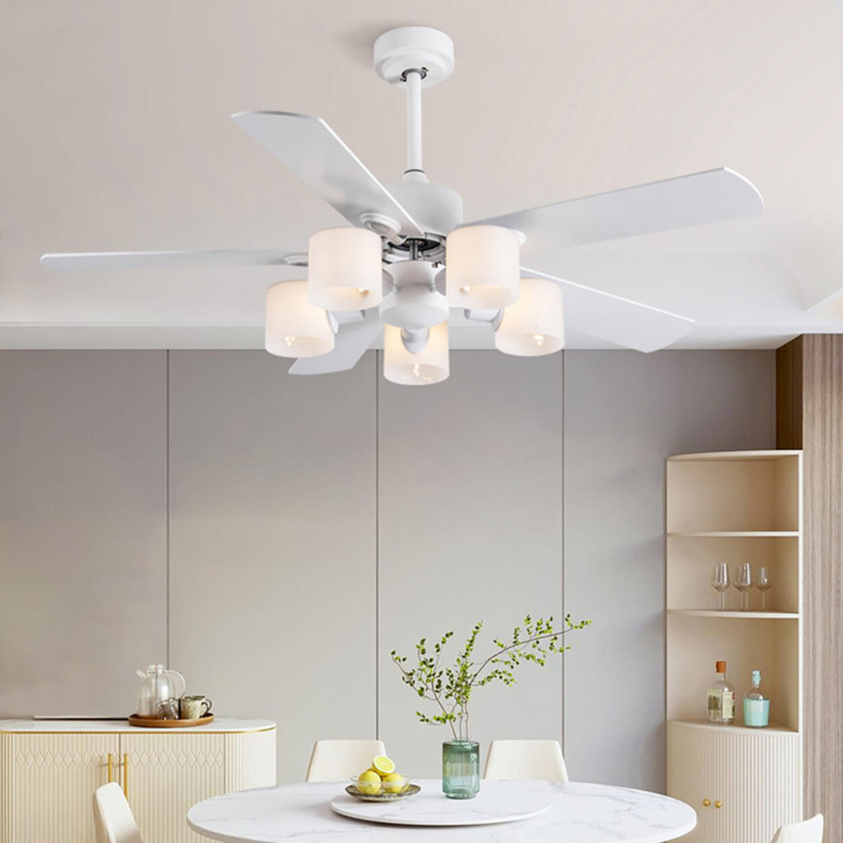 Modern 5 Blade Barrel Shade Chandelier Fan with Light Image - 18