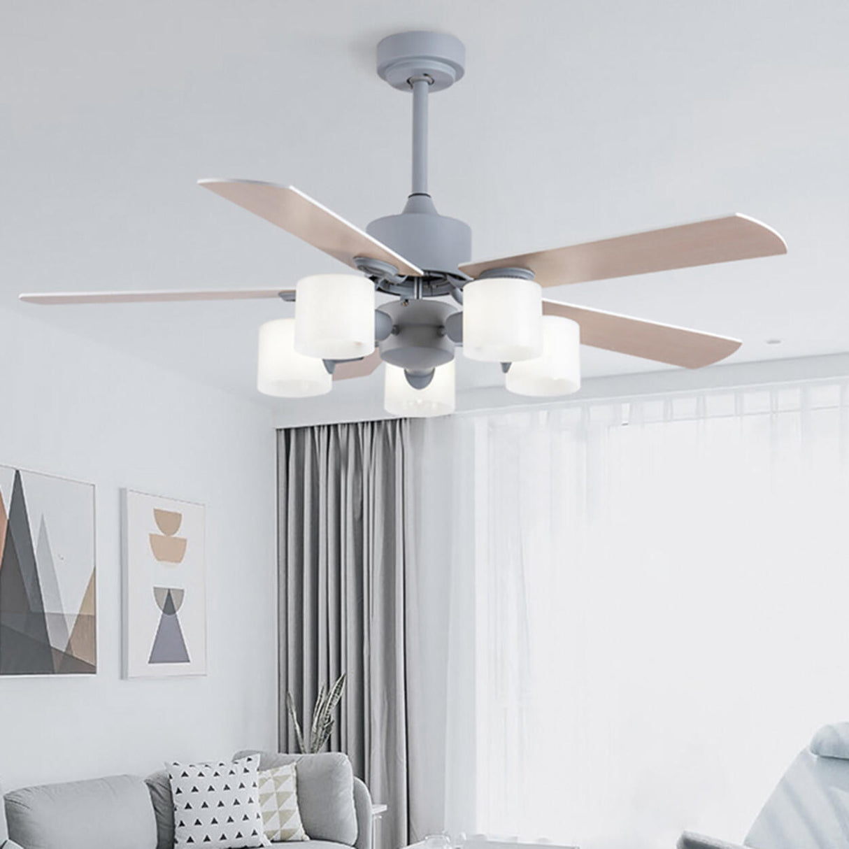 Modern 5 Blade Barrel Shade Chandelier Fan with Light Image - 19