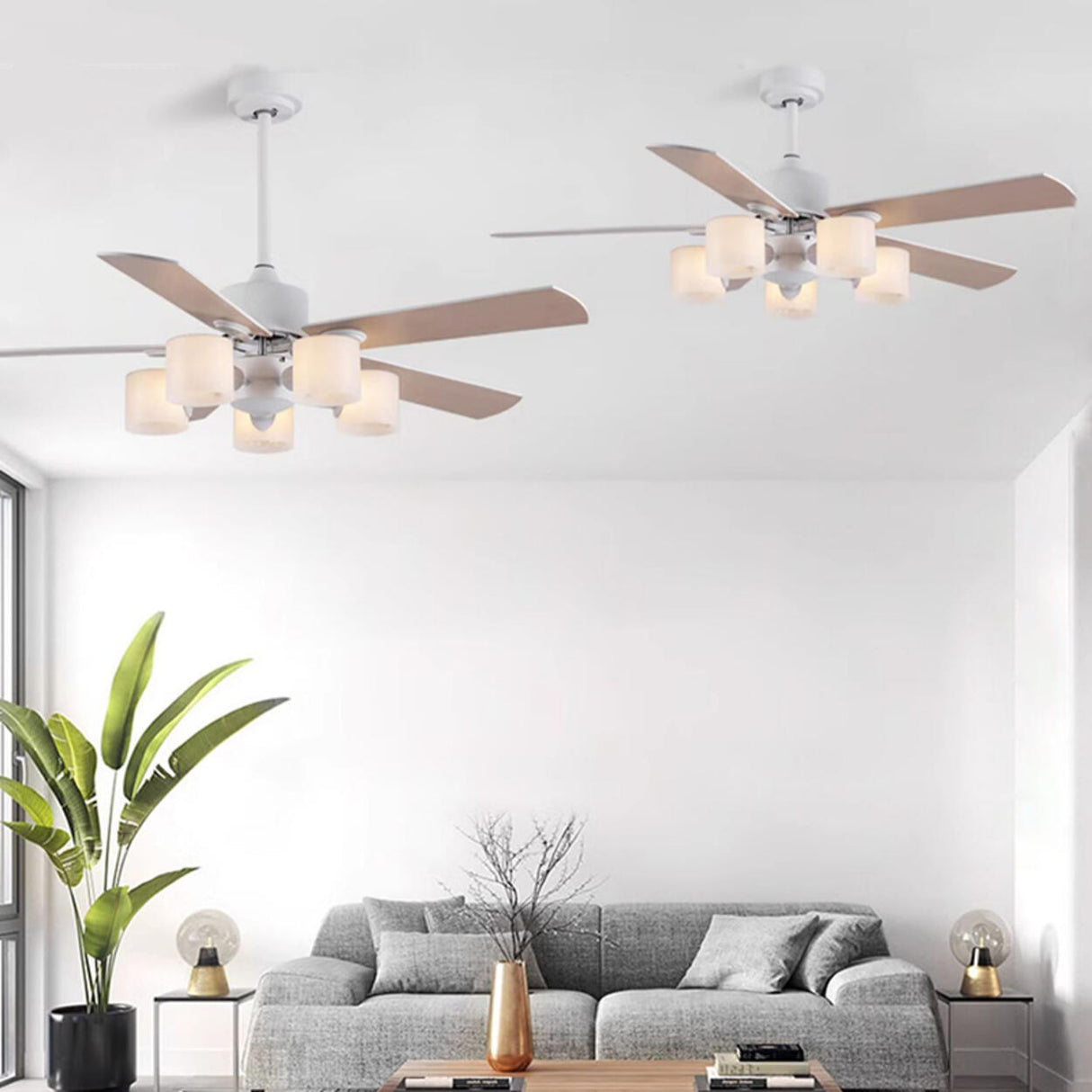 Modern 5 Blade Barrel Shade Chandelier Fan with Light Image - 20