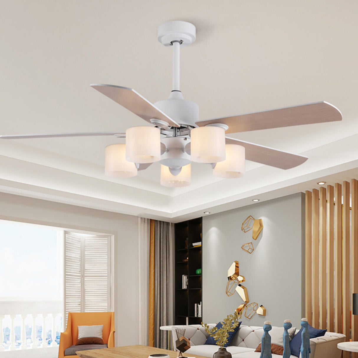 Modern 5 Blade Barrel Shade Chandelier Fan with Light Image - 4