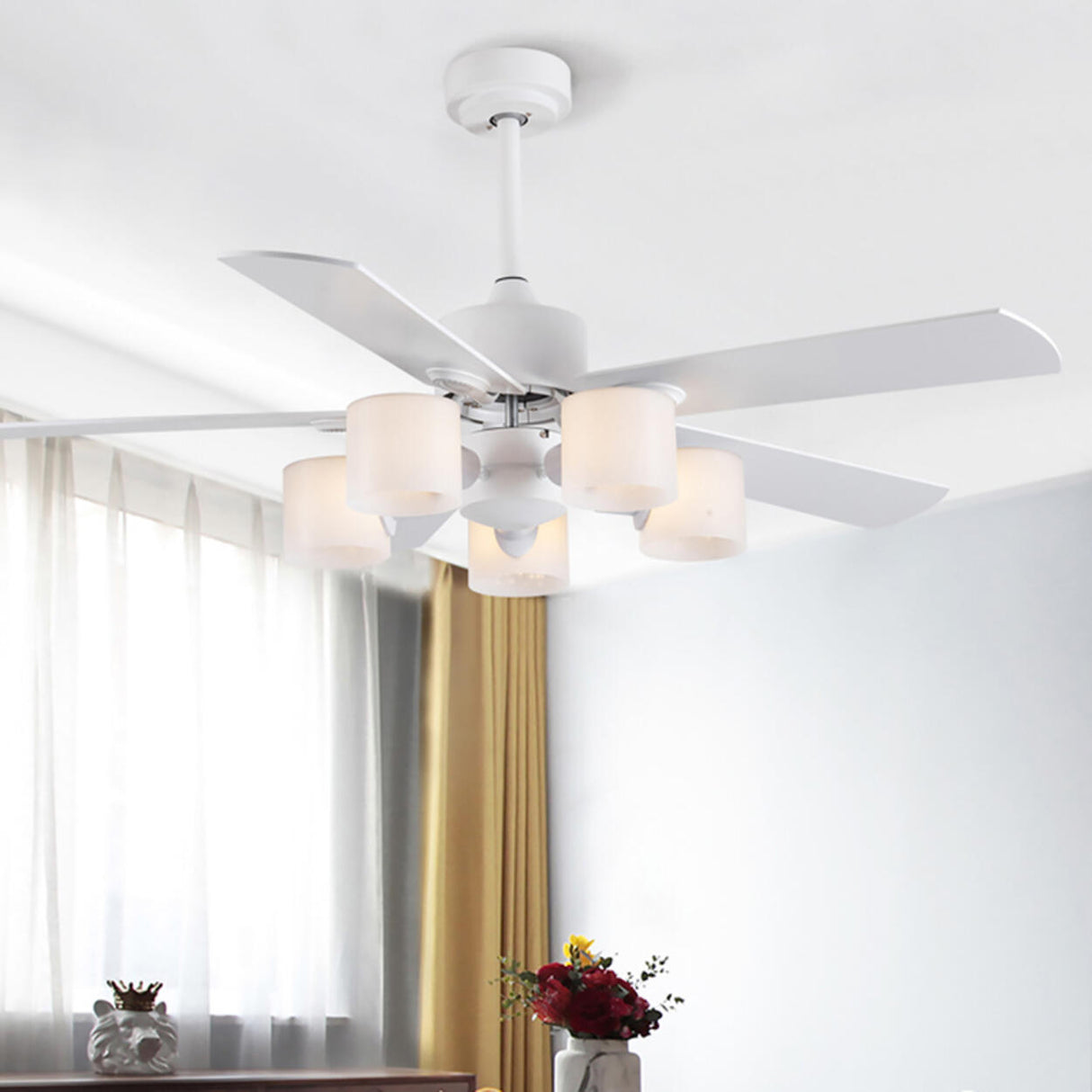 Modern 5 Blade Barrel Shade Chandelier Fan with Light Image - 5