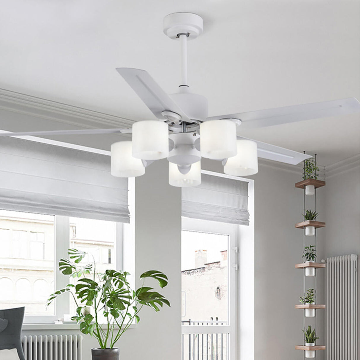 Modern 5 Blade Barrel Shade Chandelier Fan with Light Image - 8