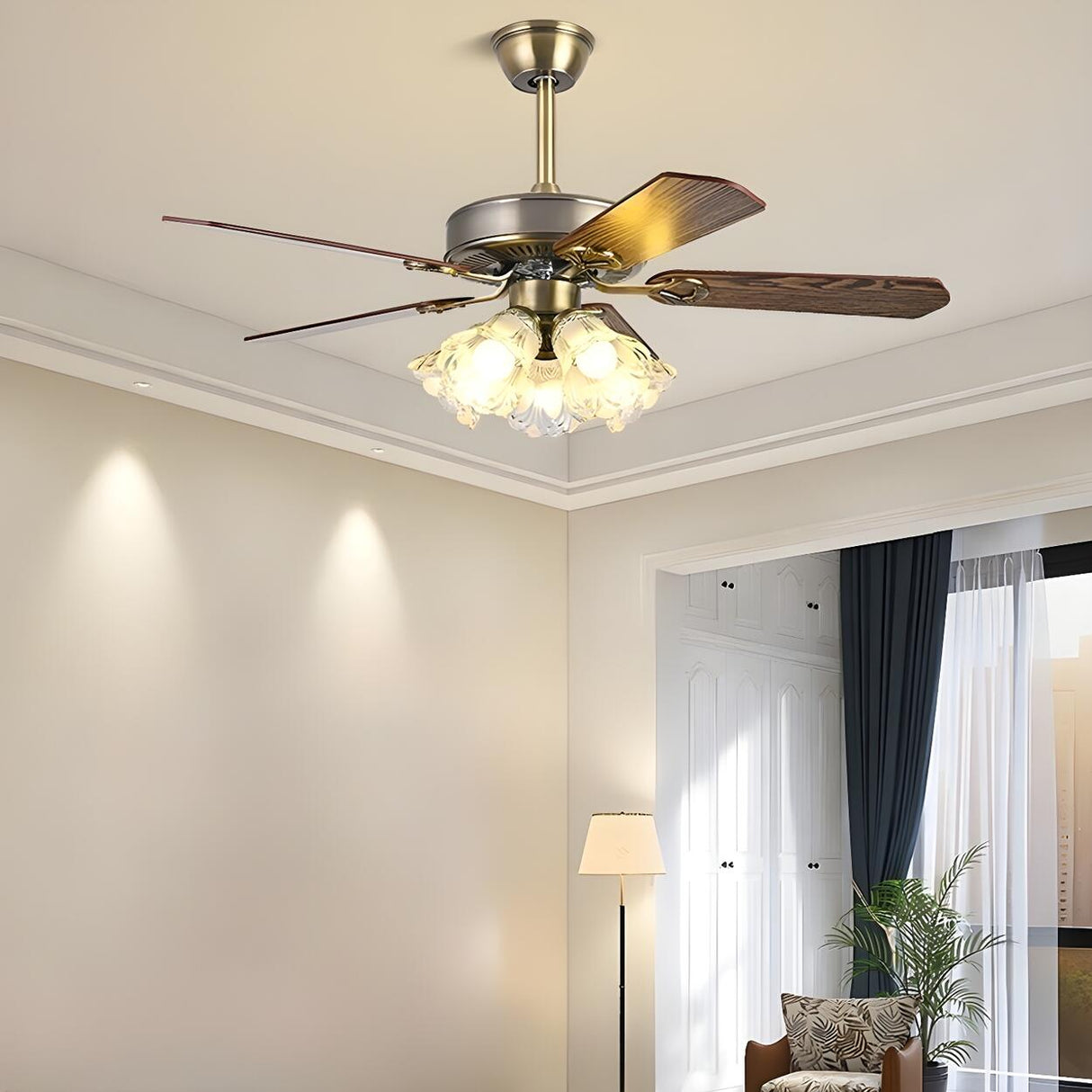 Modern 5 Blade Frosted Glass Shade Chandelier Fan Light Image - 1