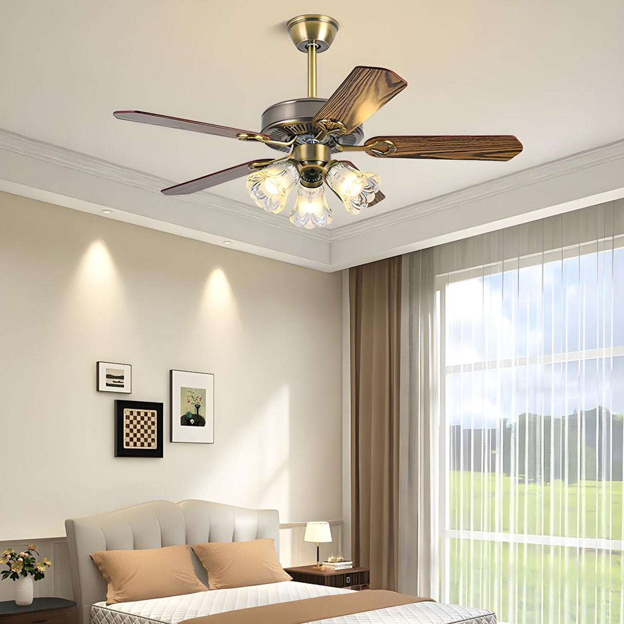 Modern 5 Blade Frosted Glass Shade Chandelier Fan Light Image - 4