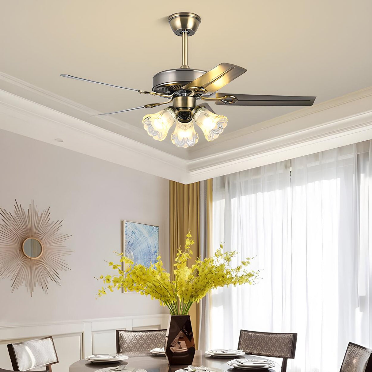 Modern 5 Blade Frosted Glass Shade Chandelier Fan Light Image - 5