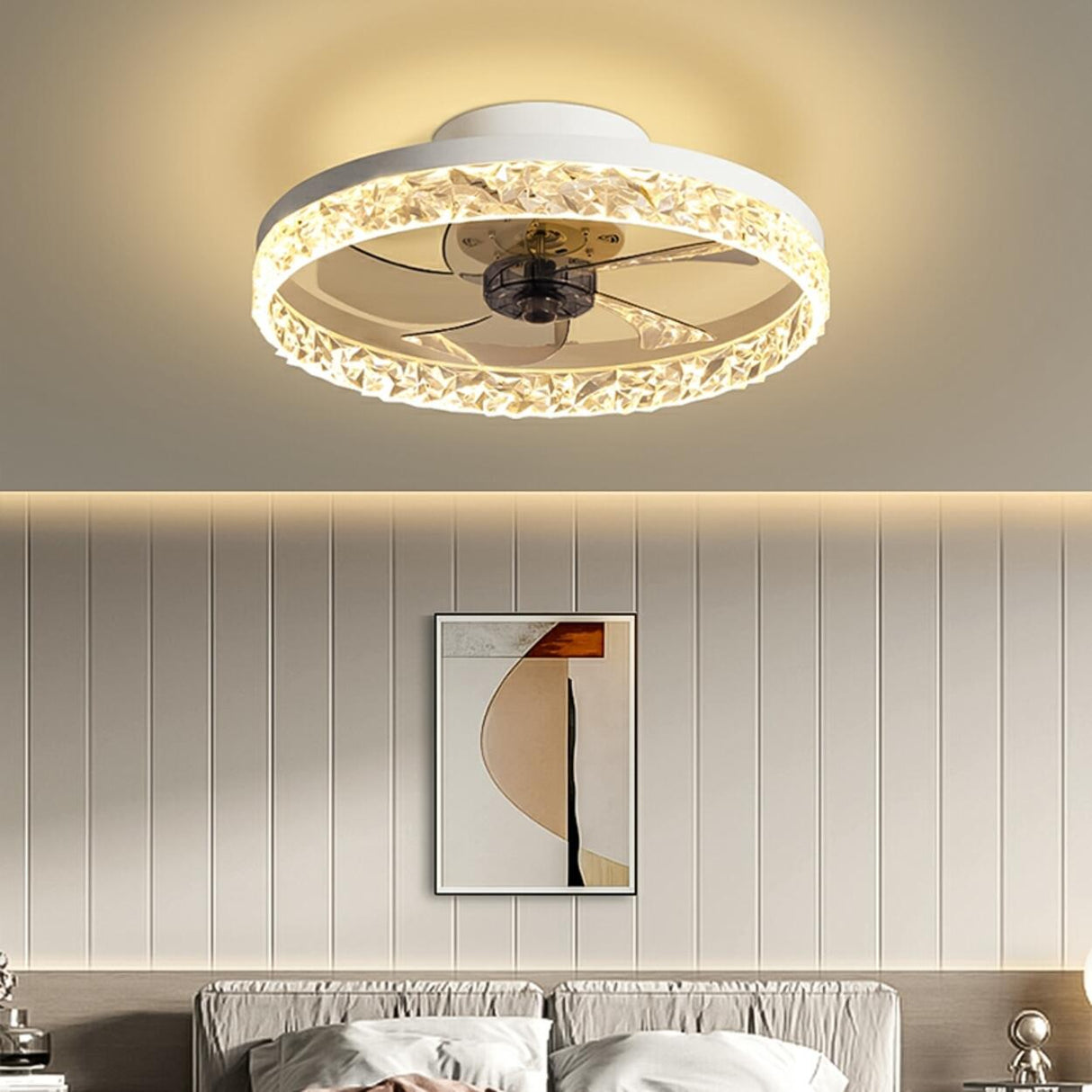 Modern 5 Blades Circular Crystal Ceiling Fan with Light Image - 4