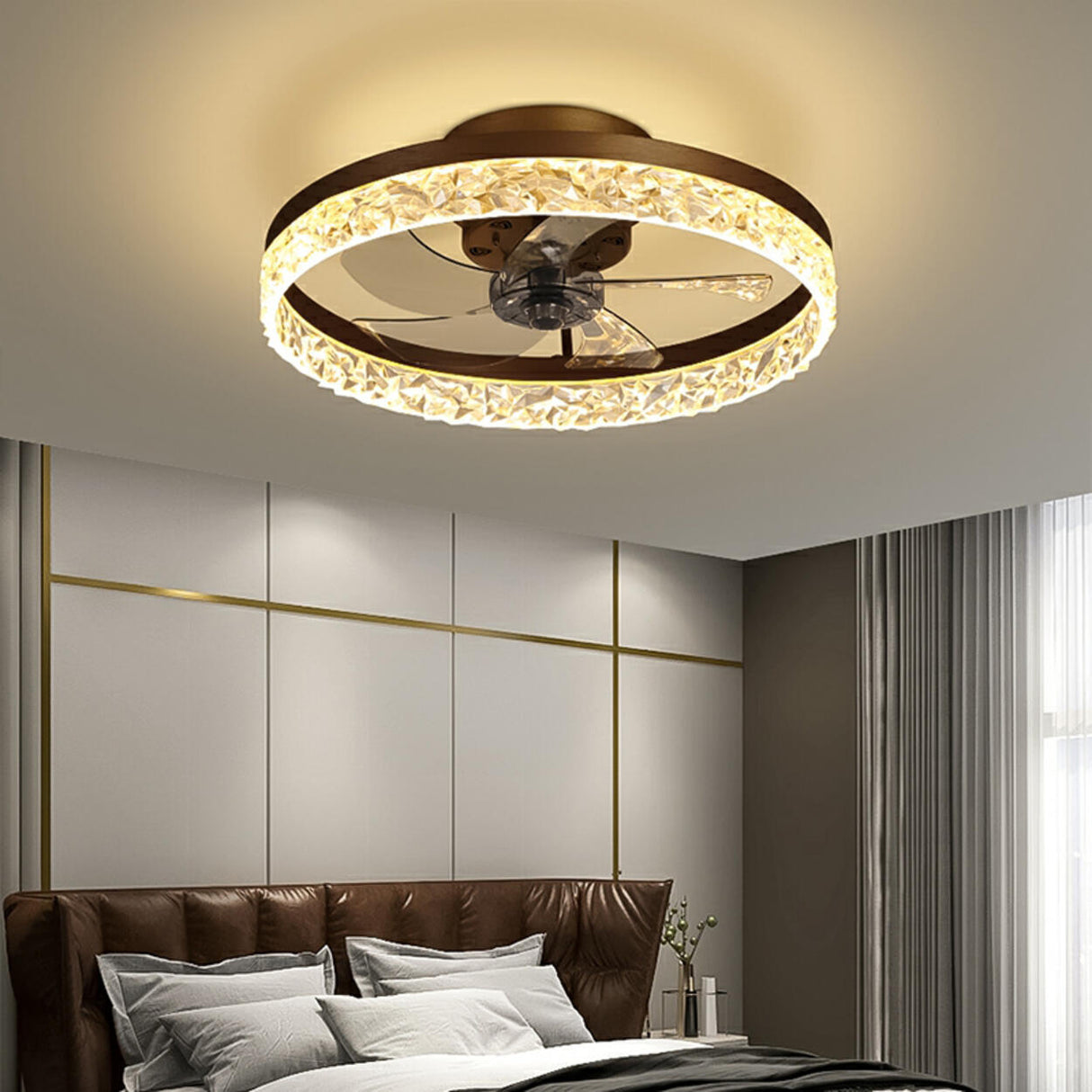 Modern 5 Blades Circular Crystal Ceiling Fan with Light Image - 6