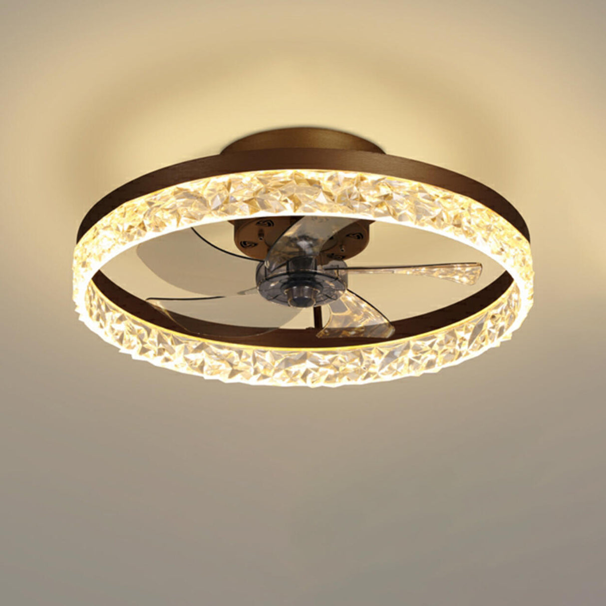 Modern 5 Blades Circular Crystal Ceiling Fan with Light Image - 7