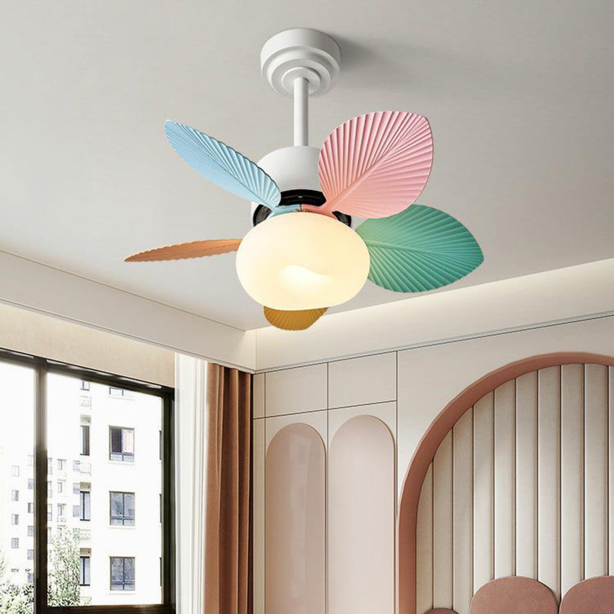 Modern 5 Blades Colorful Leaf-Shaped Ceiling Fan Light Image - 1