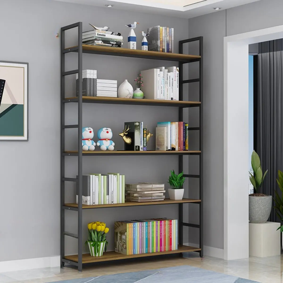 Modern 5-Tier L-shaped Wooden Corner Display Bookcase Image - 15