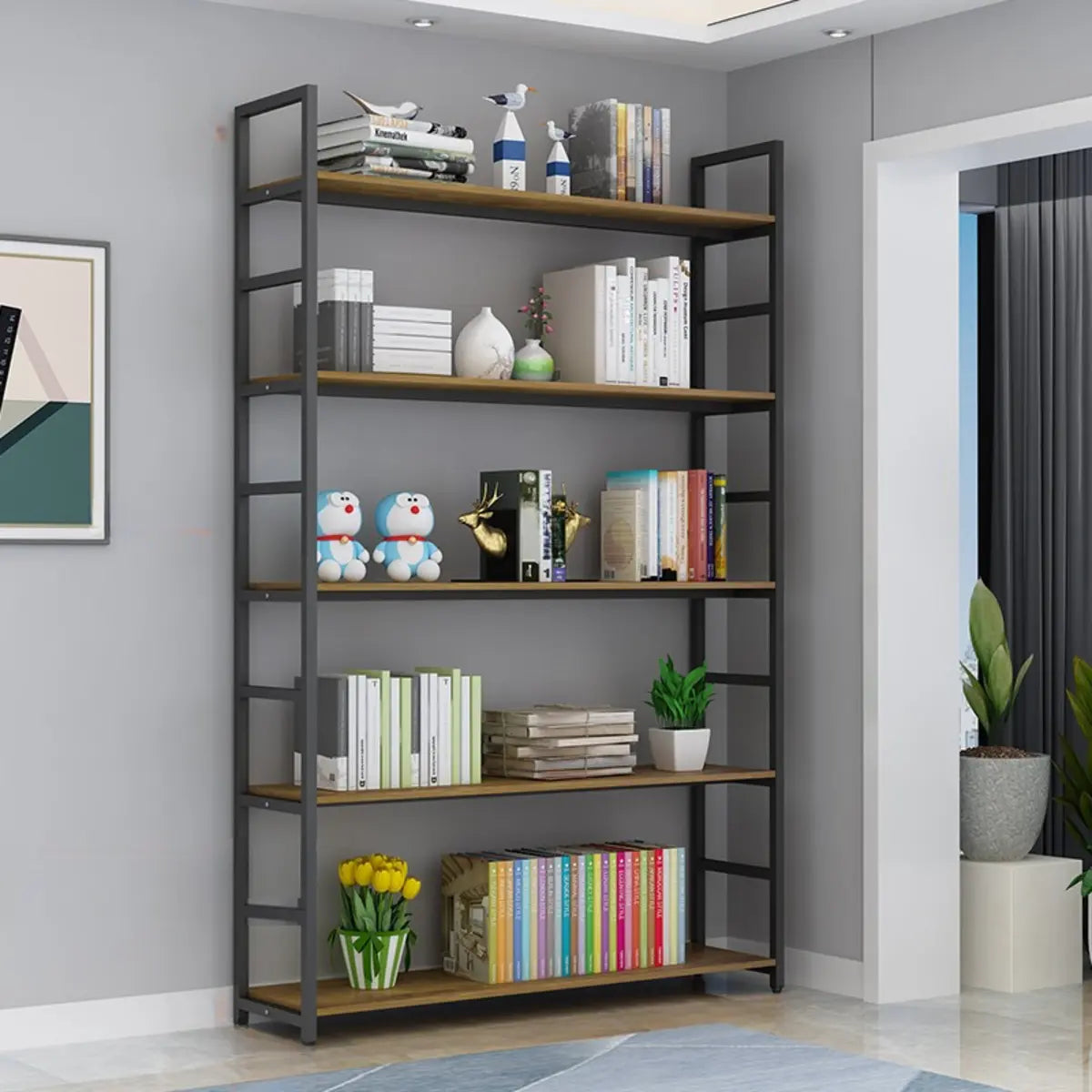 Modern 5-Tier L-shaped Wooden Corner Display Bookcase Image - 17