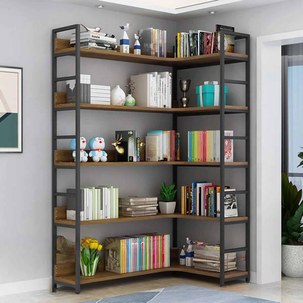 Modern 5-Tier L-shaped Wooden Corner Display Bookcase Image - 2