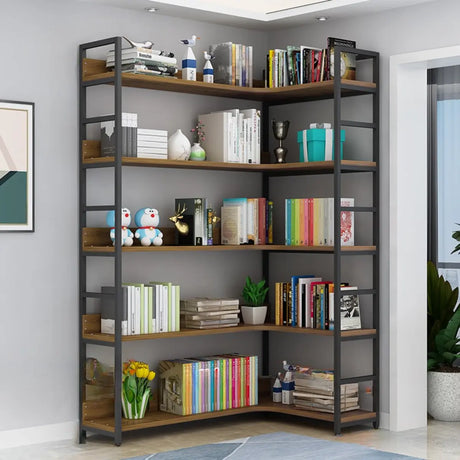 Modern 5-Tier L-shaped Wooden Corner Display Bookcase Image - 2