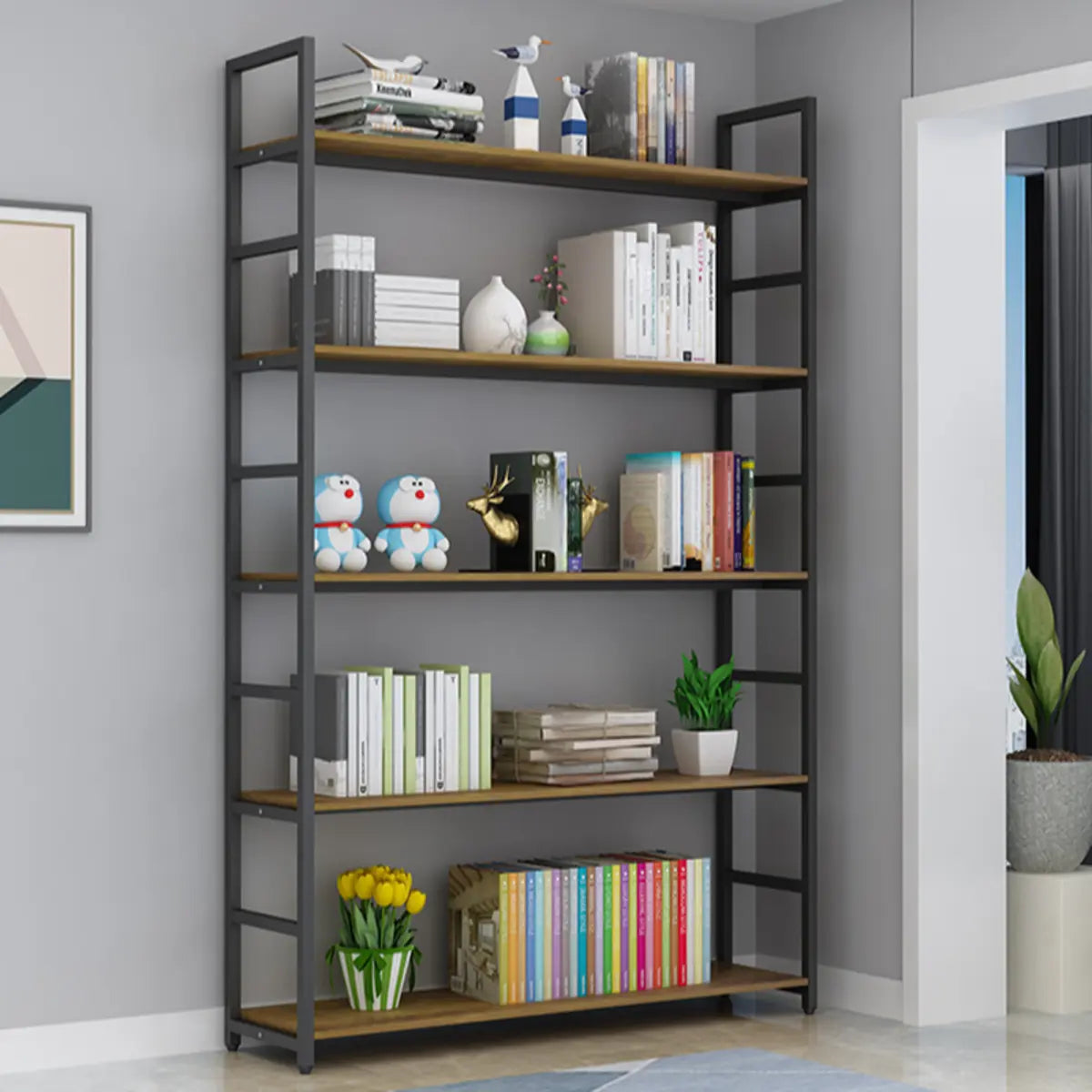 Modern 5-Tier L-shaped Wooden Corner Display Bookcase Image - 3