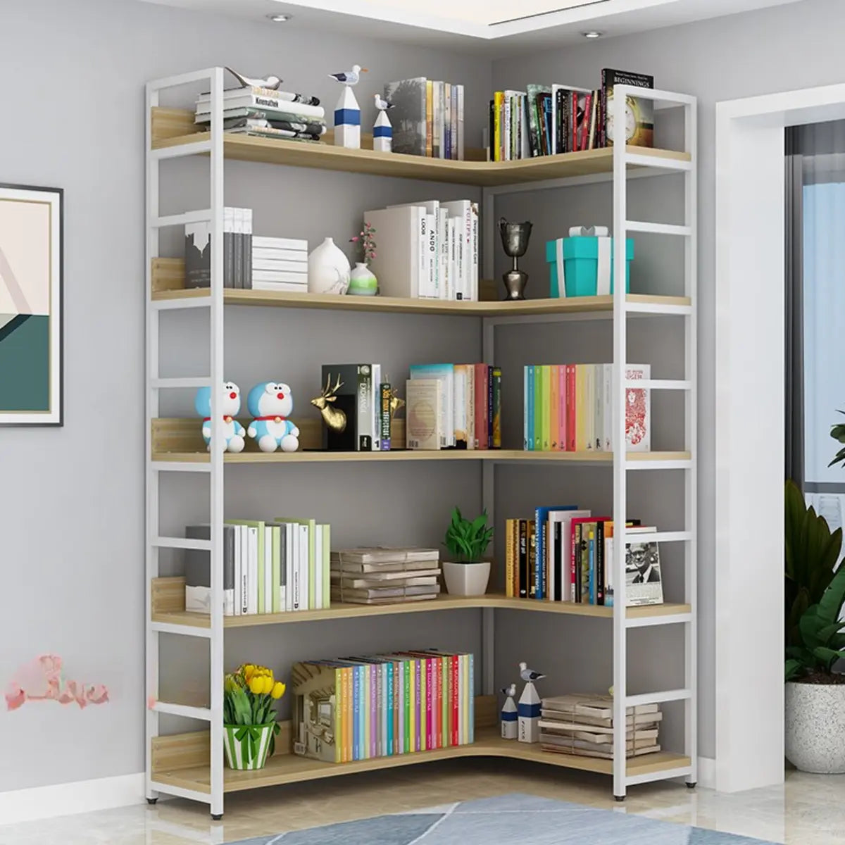 Modern 5-Tier L-shaped Wooden Corner Display Bookcase Image - 5