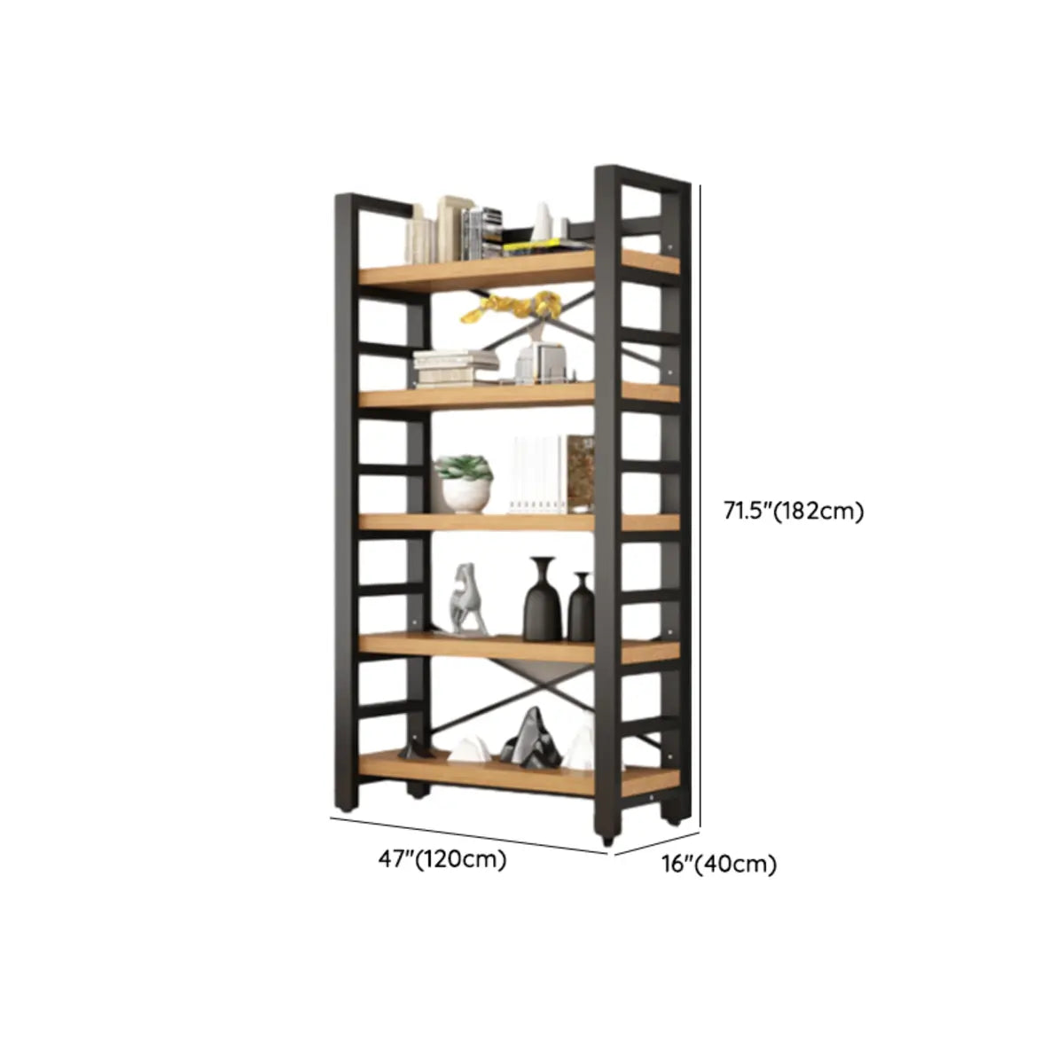 Modern 5-Tier Open Rectangle Metal Frame Wood Bookshelf 