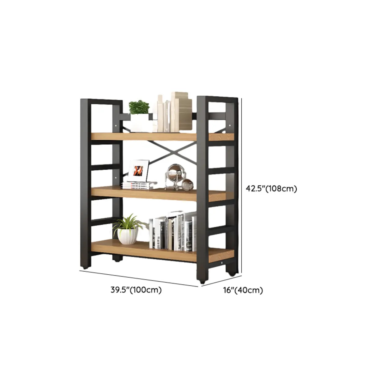 Modern 5-Tier Open Rectangle Metal Frame Wood Bookshelf Image - 15