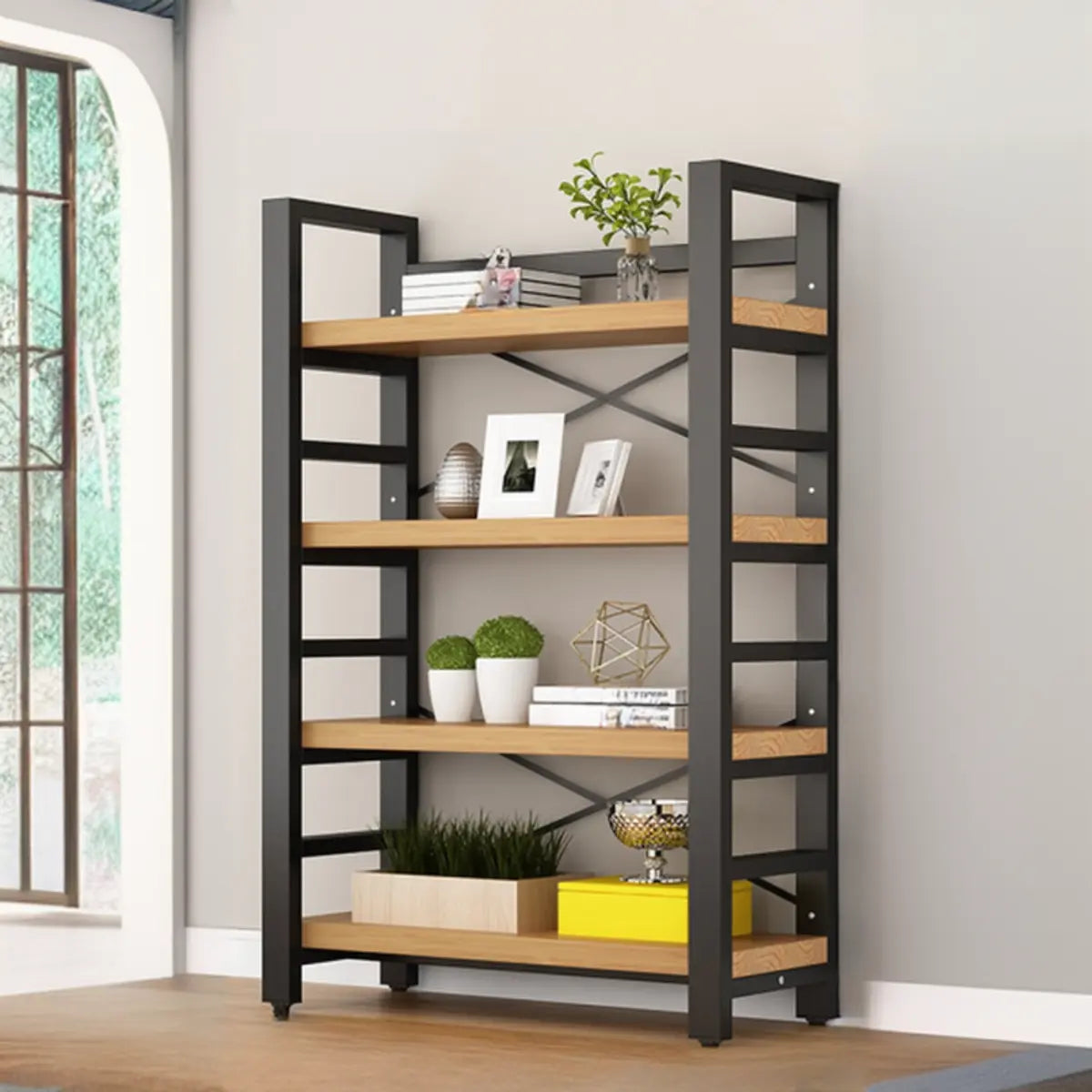 Modern 5-Tier Open Rectangle Metal Frame Wood Bookshelf Image - 3