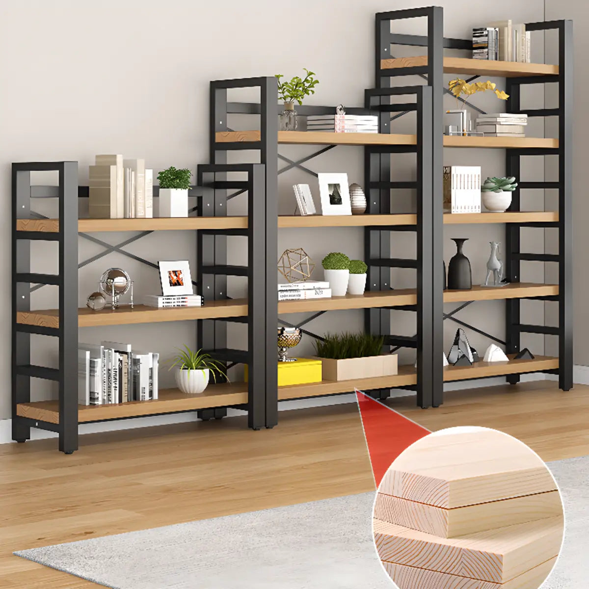 Modern 5-Tier Open Rectangle Metal Frame Wood Bookshelf Image - 4