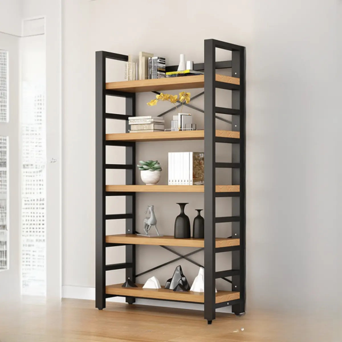 Modern 5-Tier Open Rectangle Metal Frame Wood Bookshelf Image - 5