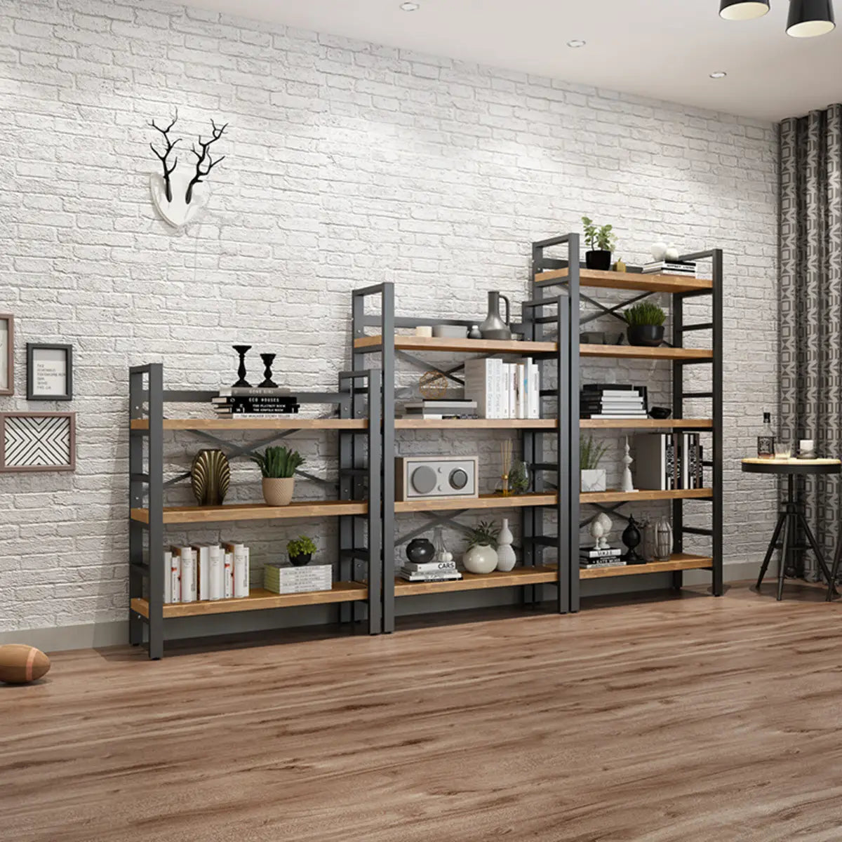 Modern 5-Tier Open Rectangle Metal Frame Wood Bookshelf Image - 6