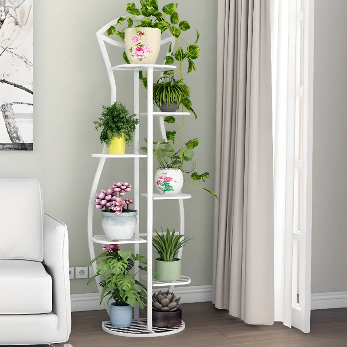 Modern 5 Tiers Metal Curved Indoor Plant Stand White Image - 9