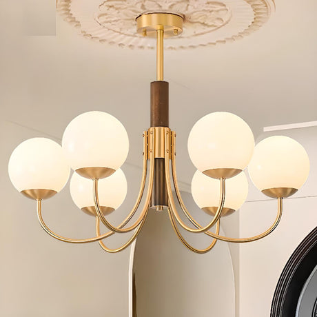 Modern 6-Light Brass Globe Opal Glass Chandelier Image - 1