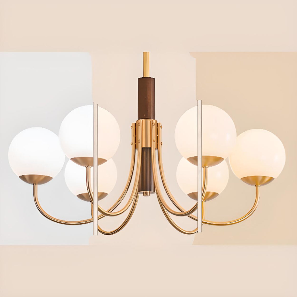 Modern 6-Light Brass Globe Opal Glass Chandelier Image - 11