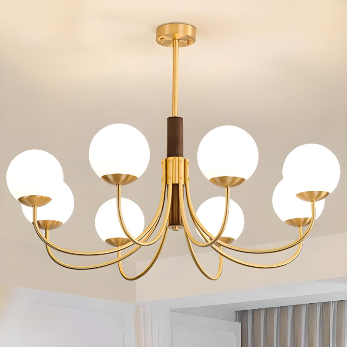 Modern 6-Light Brass Globe Opal Glass Chandelier Image - 4