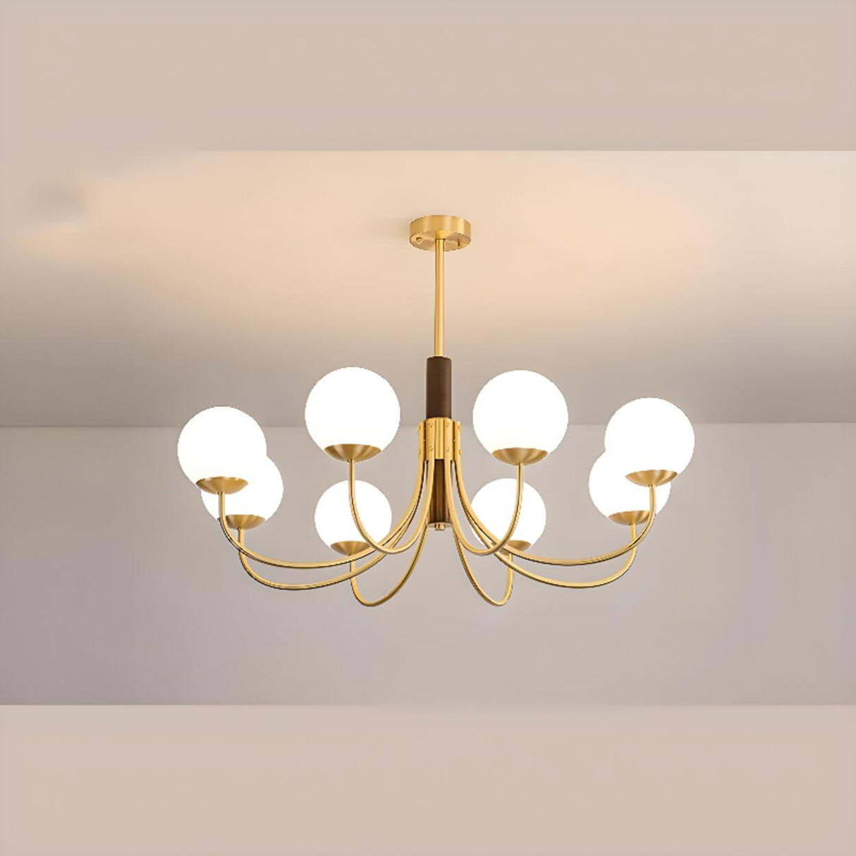 Modern 6-Light Brass Globe Opal Glass Chandelier Image - 5