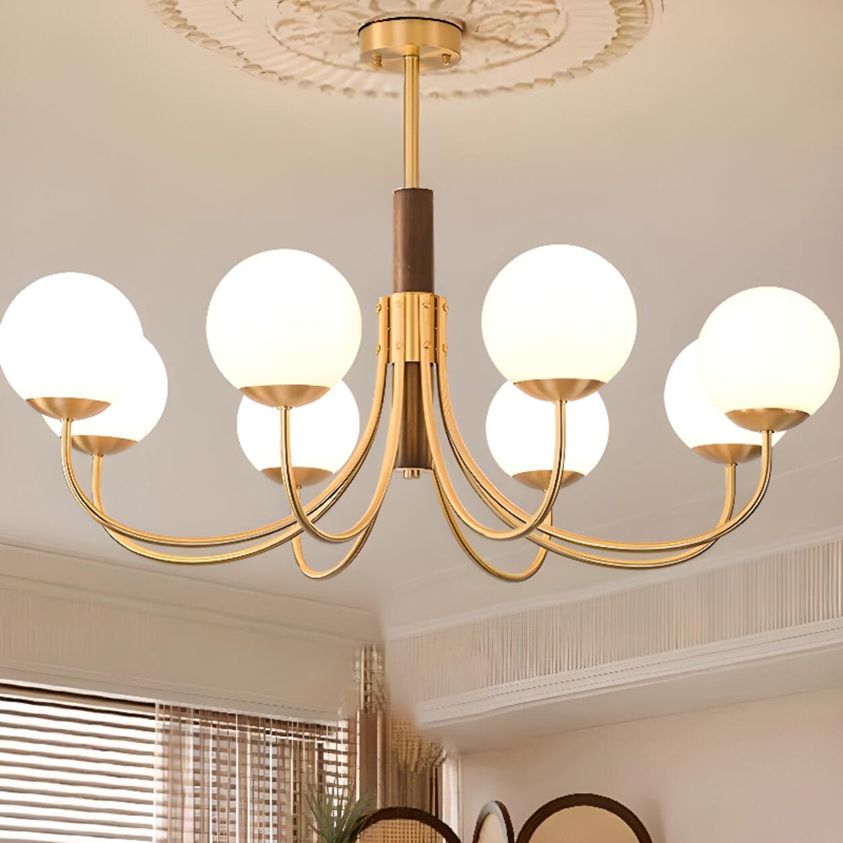 Modern 6-Light Brass Globe Opal Glass Chandelier Image - 7