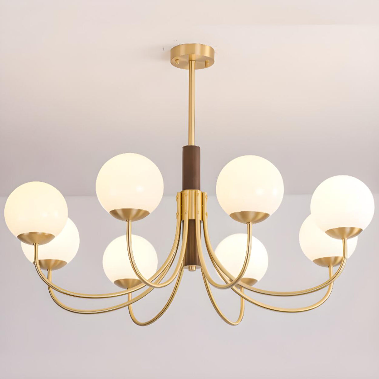 Modern 6-Light Brass Globe Opal Glass Chandelier Image - 8