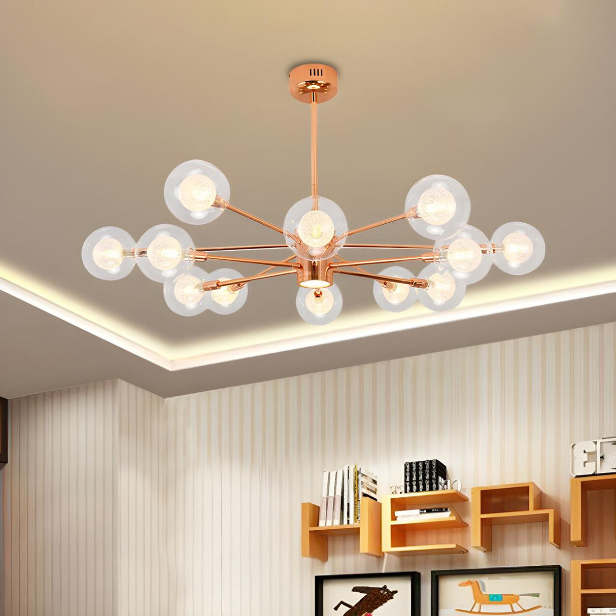 Modern 6-Light Glass Globes Stacked Rose Gold Chandelier Image - 12