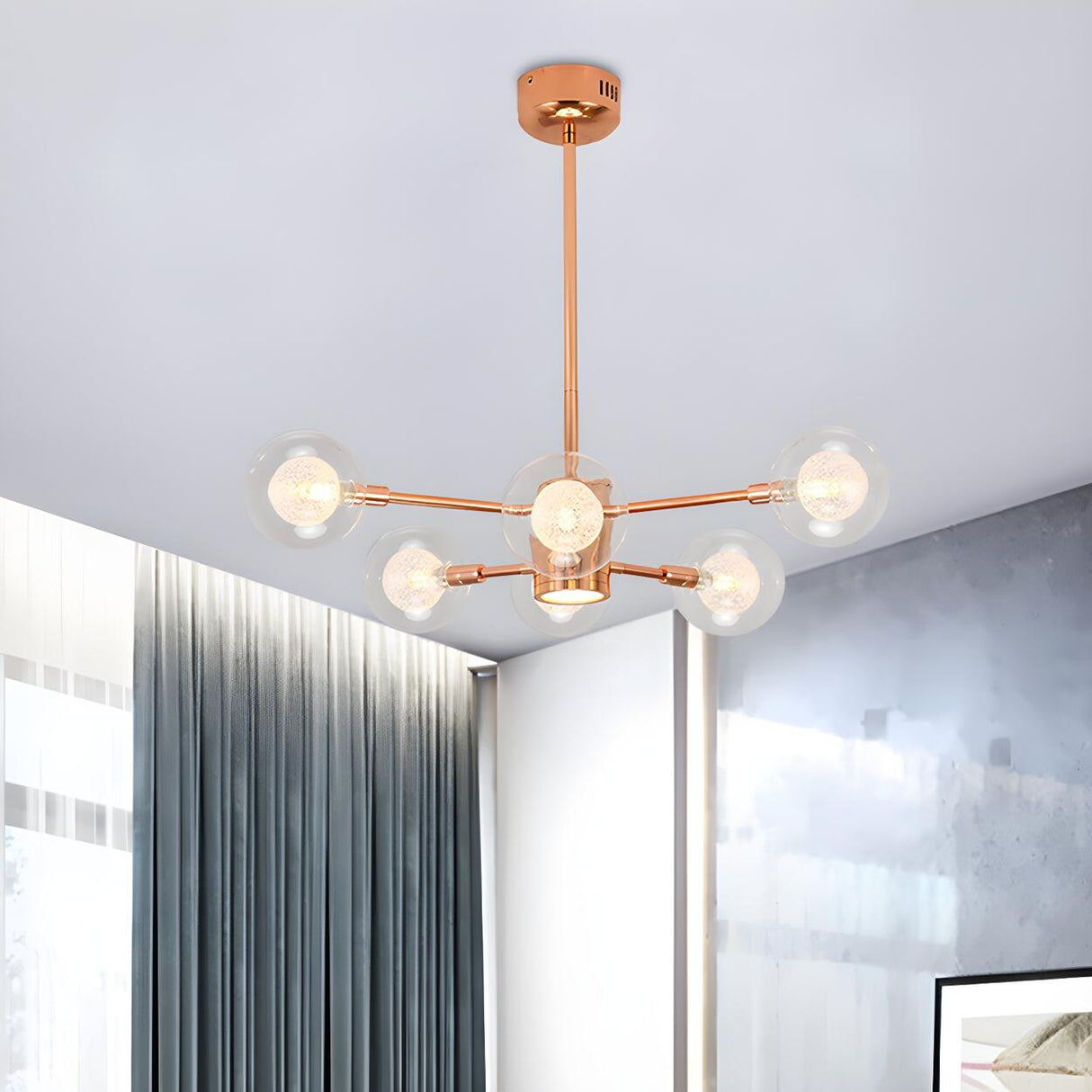 Modern 6-Light Glass Globes Stacked Rose Gold Chandelier Image - 3