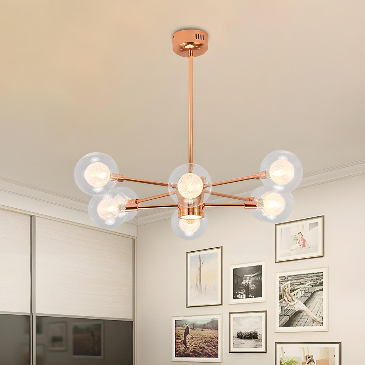 Modern 6-Light Glass Globes Stacked Rose Gold Chandelier Image - 5