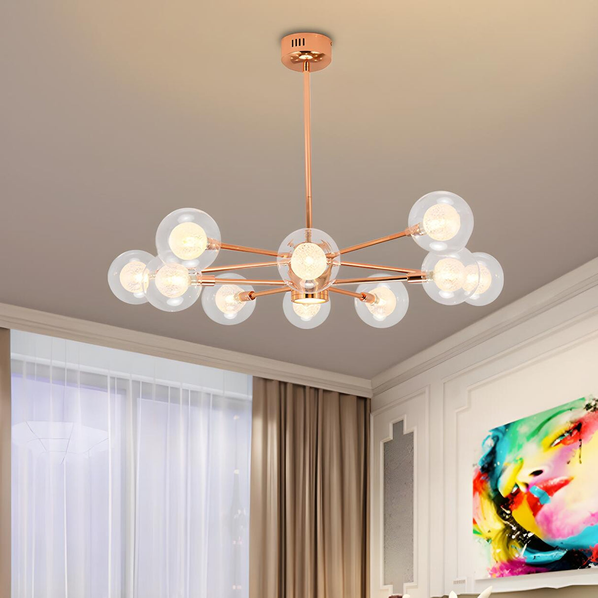 Modern 6-Light Glass Globes Stacked Rose Gold Chandelier Image - 8