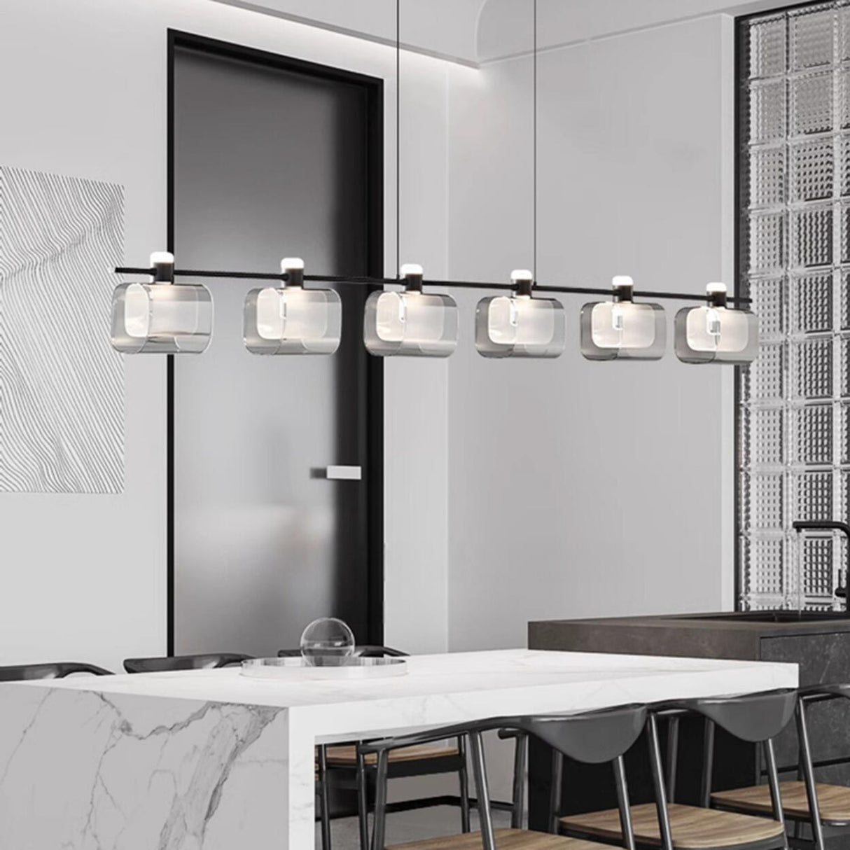 Modern 6-Light Gray Square Island Pendant Light Image - 5