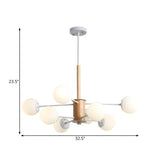 Modern 6-Light Wooden Opal Glass Globe Hanging Chandelier #size